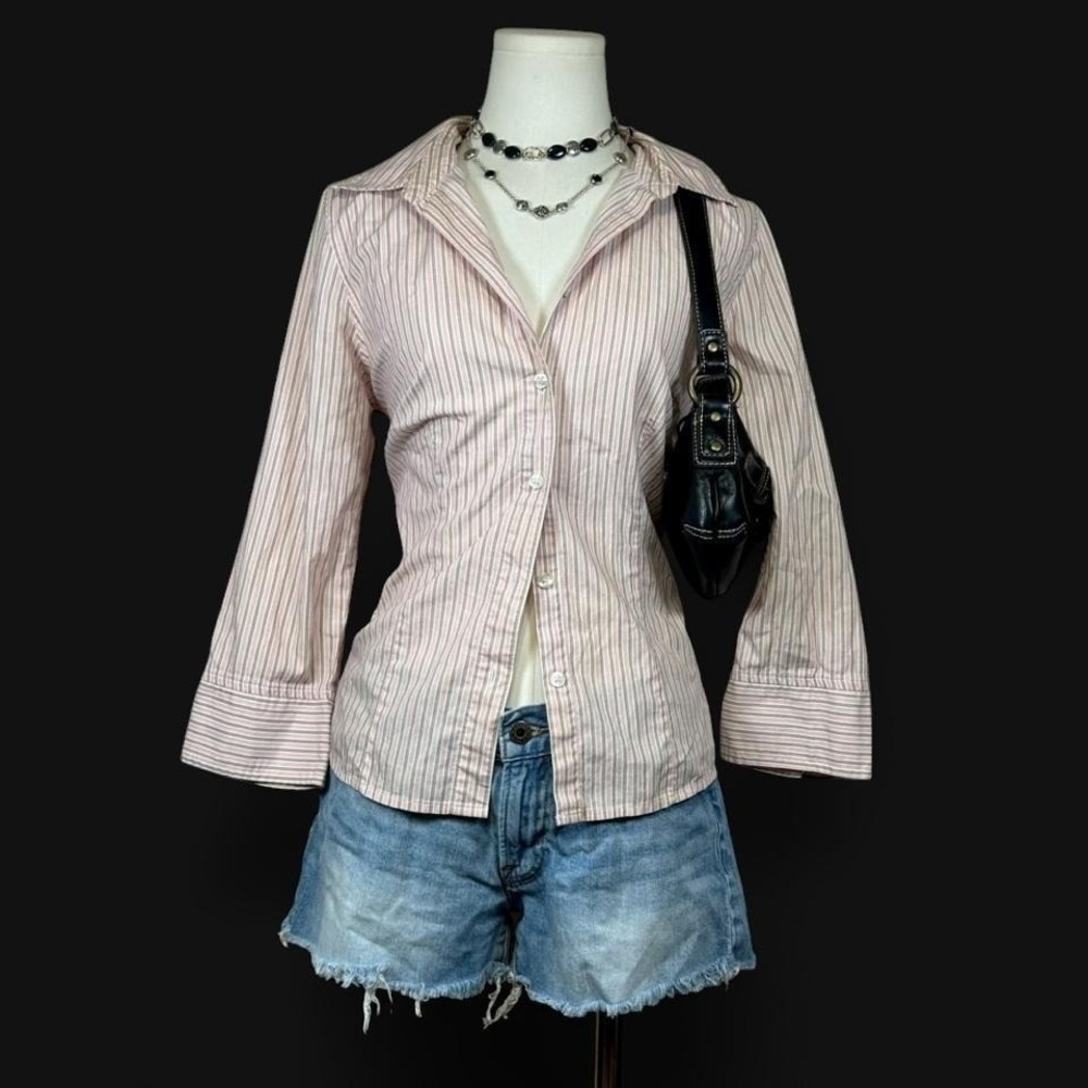 Y2K Beige Pink Striped Button Up Top 3/4 Sleeves Womens S Office Siren Preppy